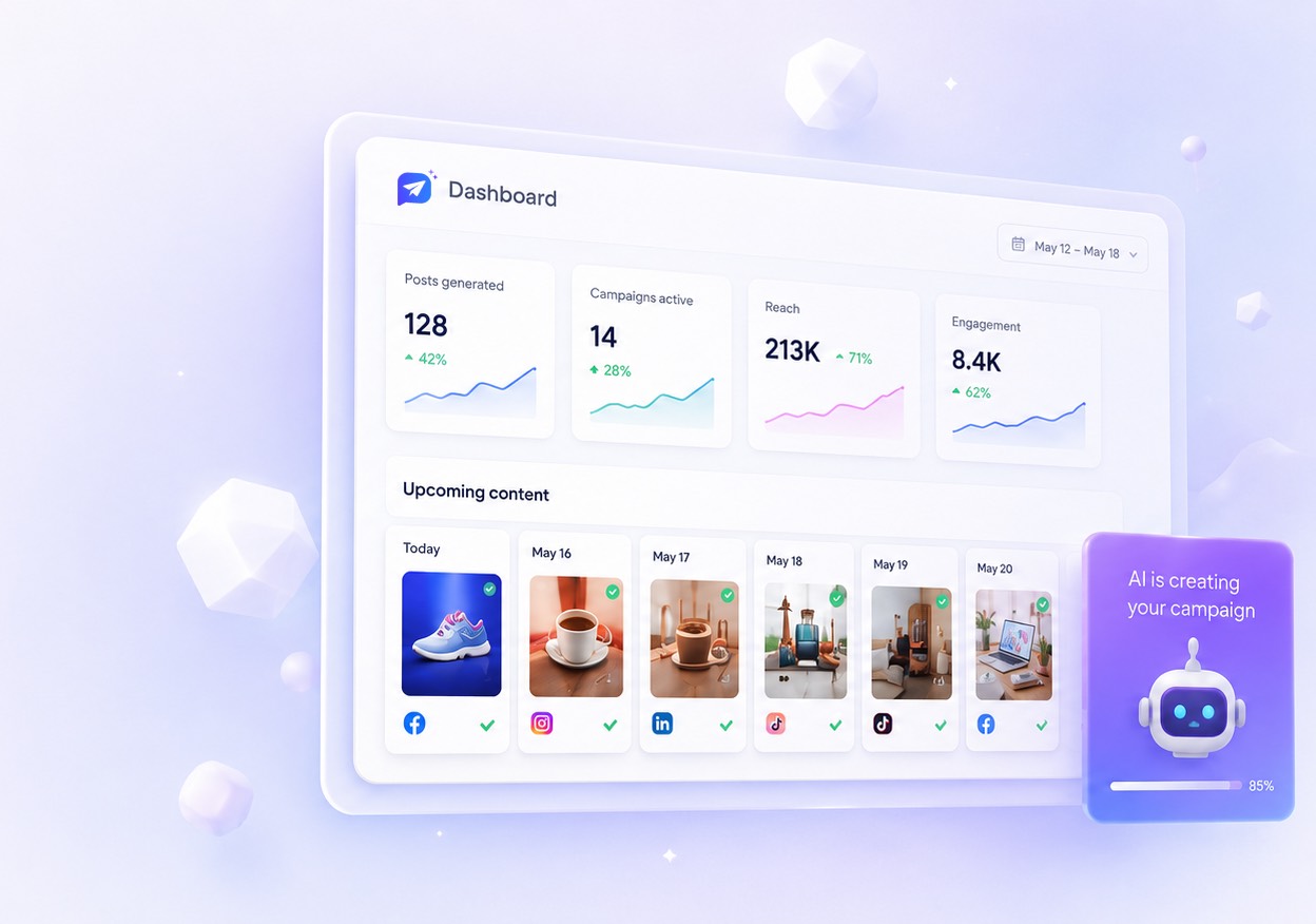 Marketing Pilot dashboard showing generated posts, active campaigns, reach and engagement with upcoming scheduled content